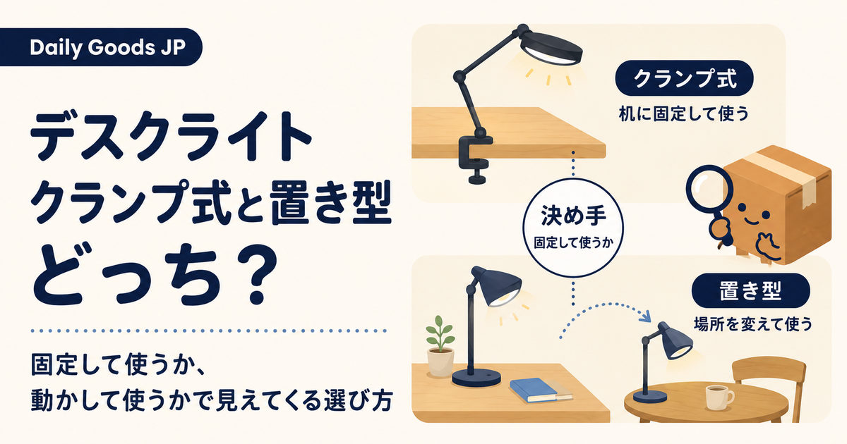 デスクライトのクランプ式と置き型を比べる記事のアイキャッチ