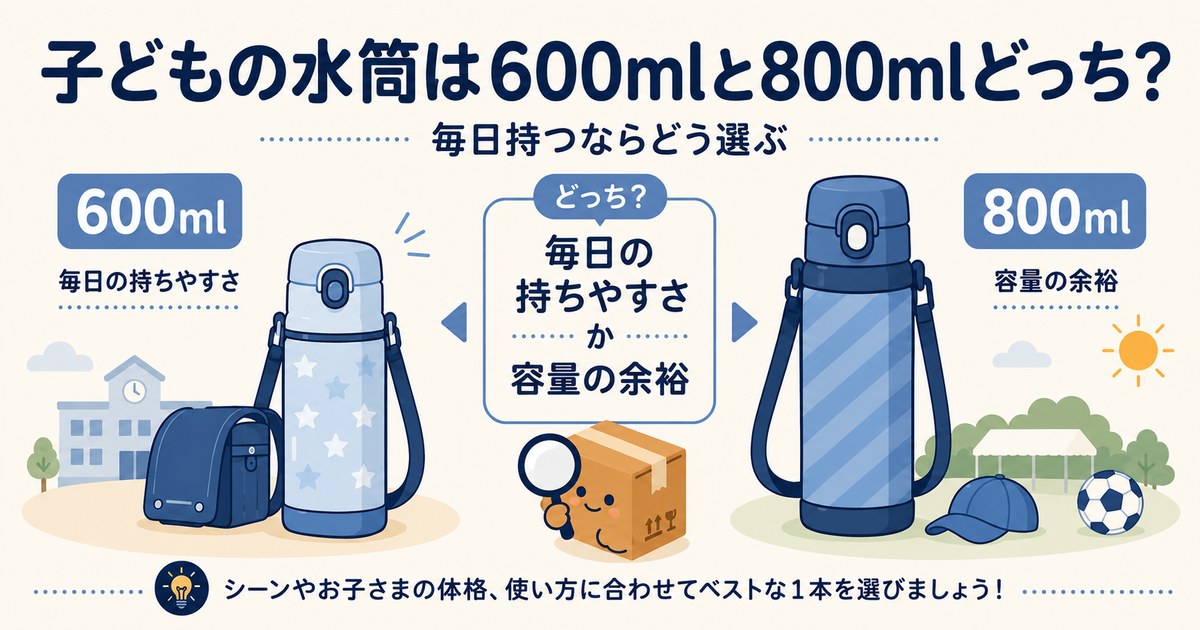 子どもの水筒の600mlと800mlを比べる記事のアイキャッチ