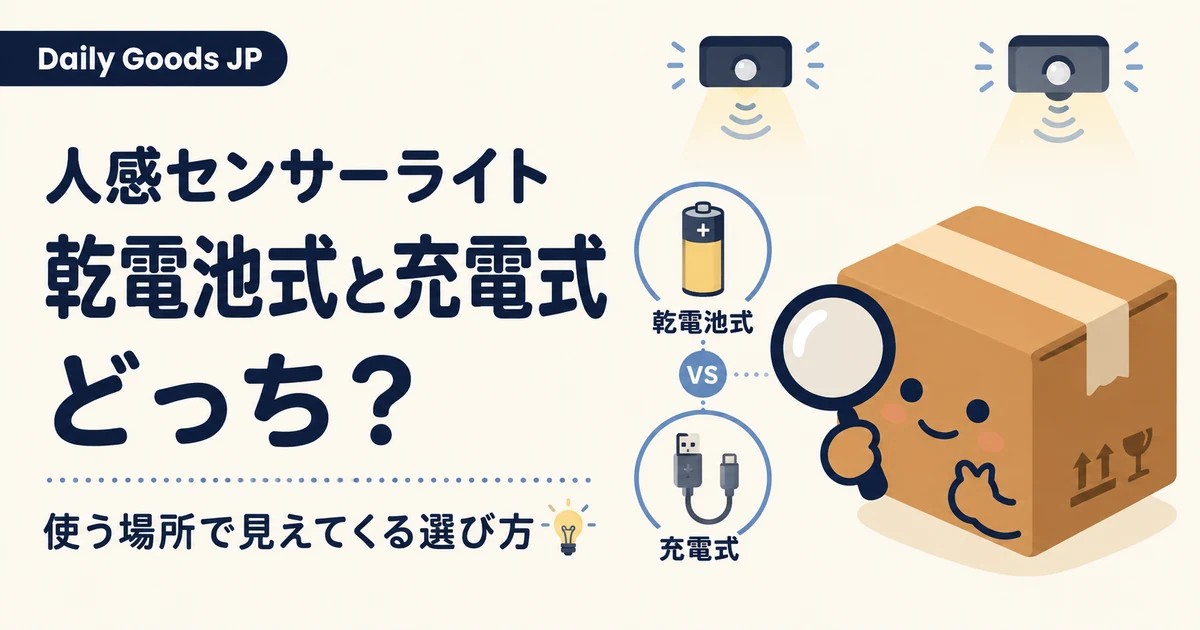 人感センサーライトの乾電池式と充電式を比べる記事のアイキャッチ